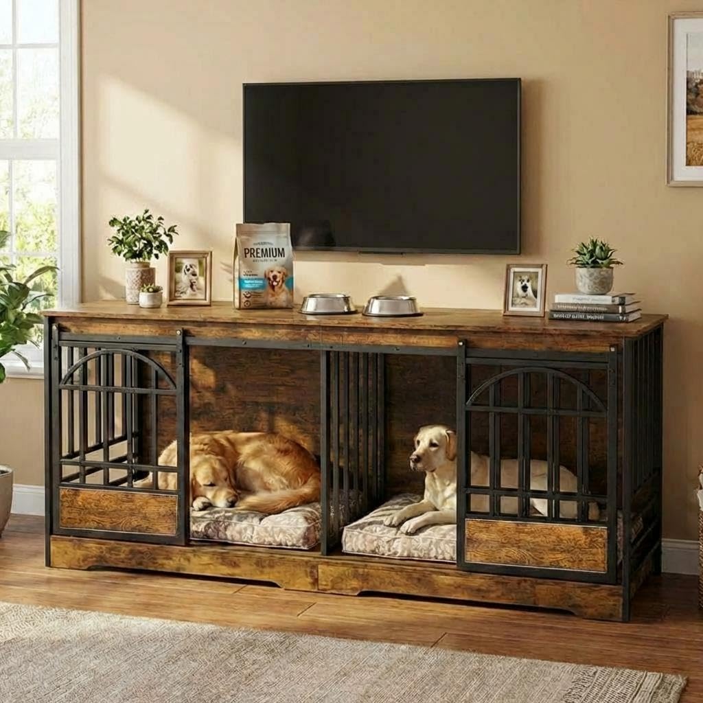 Garvee 78" Extra Large Dog Crate Furniture for 2 Dogs - Double Compartment, Sliding Barn Doors - Engineered Wood, Heavy Duty Steel Bars - Removable Divider, Farmhouse Style - Indoor Living Room, TV Stand