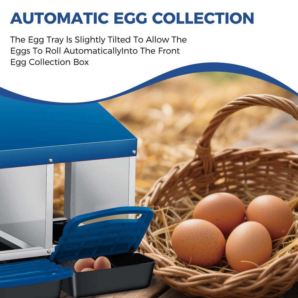 Garvee 4-Compartment Galvanized Steel Chicken Nesting Box – Roll-Away Tray & Support Stand, Blue