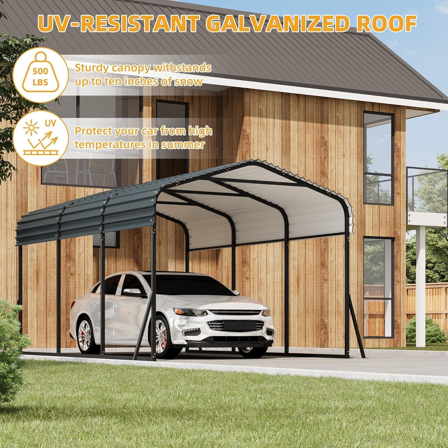 Garvee Heavy Duty 10x15 FT Metal Carport – Outdoor Garage Shelter with Galvanized Steel Roof, Reinforced Base, for SUV, Truck, Boat, Storage – Gray