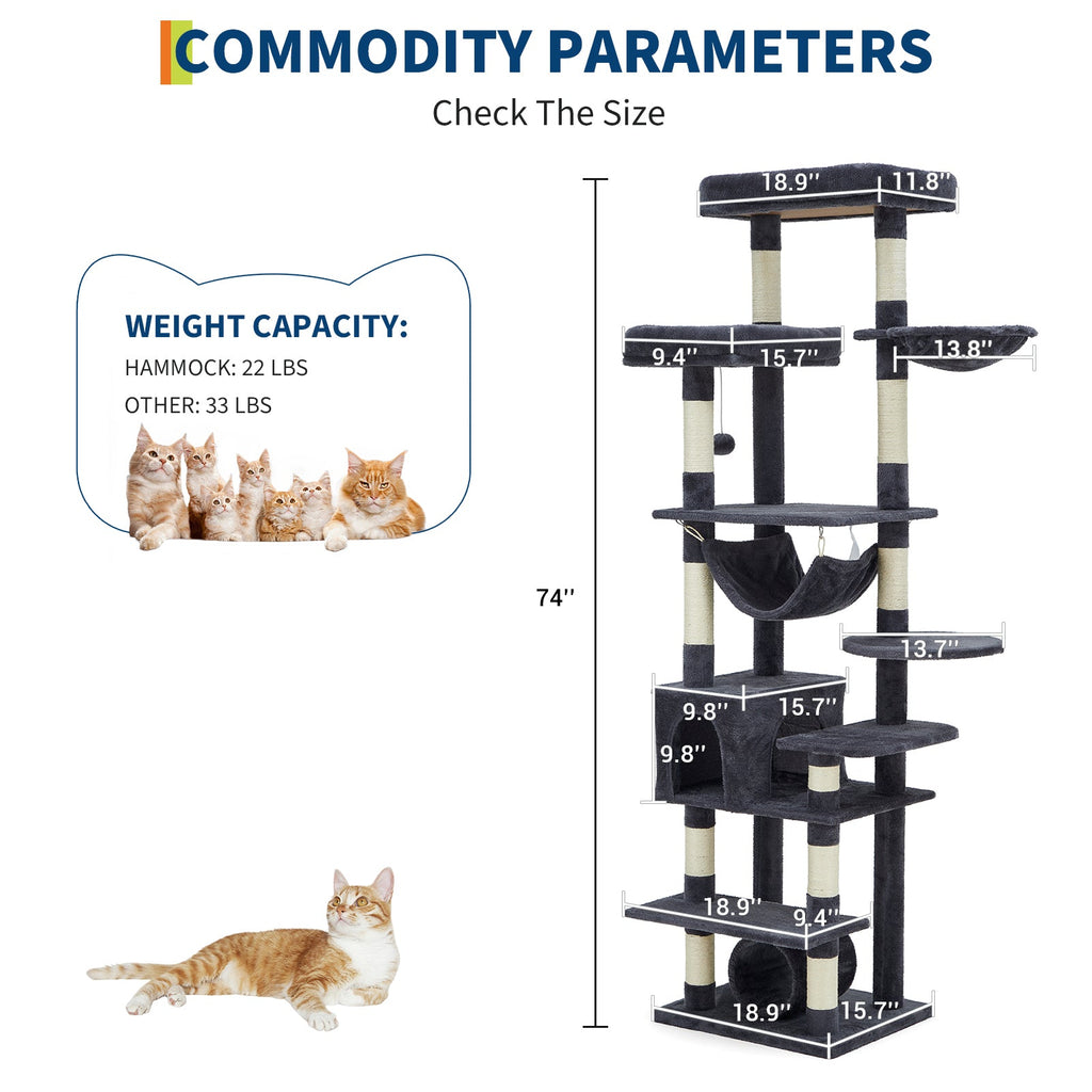 Garvee Multi-Level Cat Tree with Condo, 74" Tall Cat Tower with 11 Scratching Posts, Hammock, Tunnel, Large Top Perches & Anti-tip Kit, Indoor Cat Furniture for Large Cats, Dark Gray