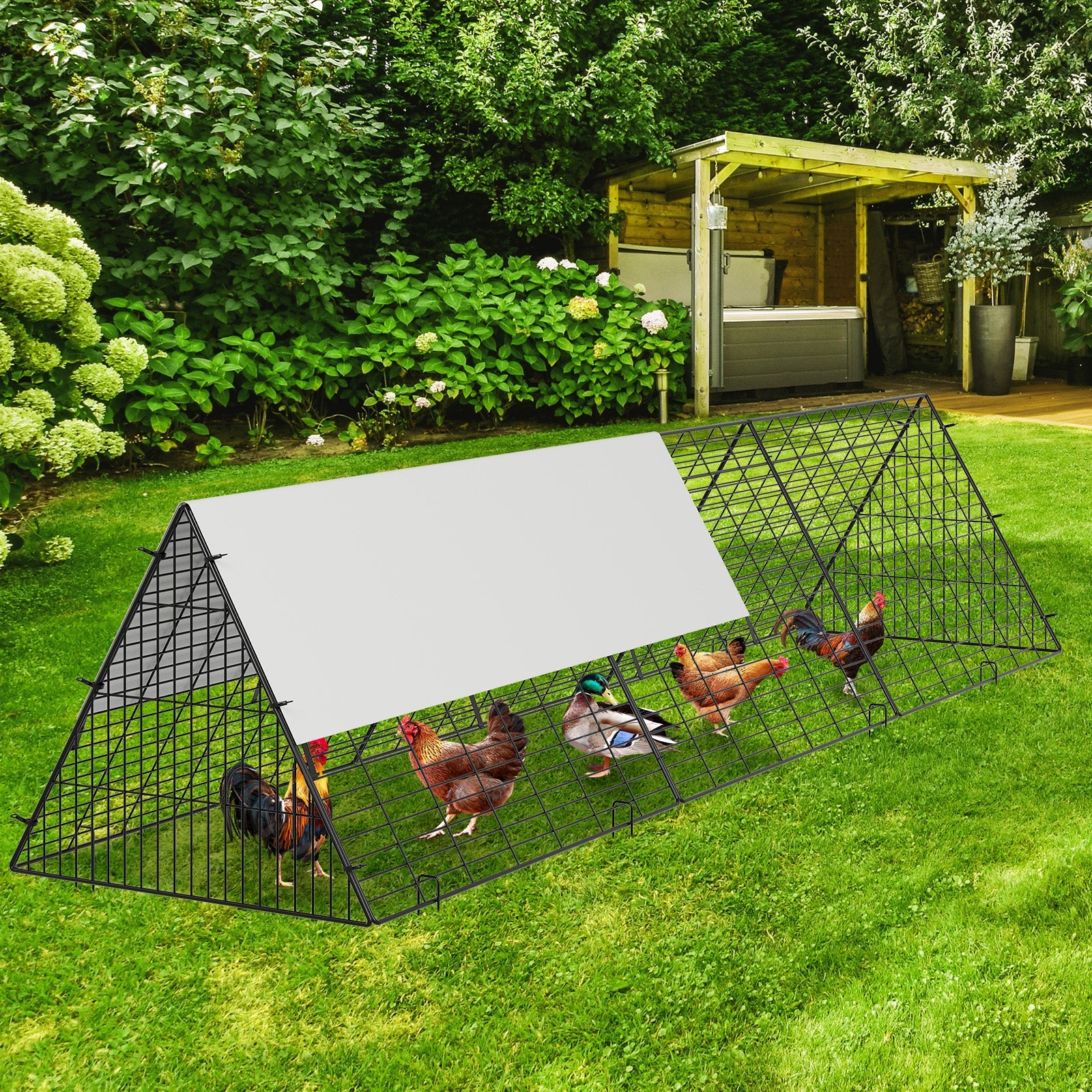 Garvee 10ft Heavy Duty Metal Chicken Tunnel Outdoor Run – Hunter-Proof Triangular Poultry Enclosure with Weatherproof UV Cover, Ground Stakes & Locks for Chickens, Ducks & Rabbits