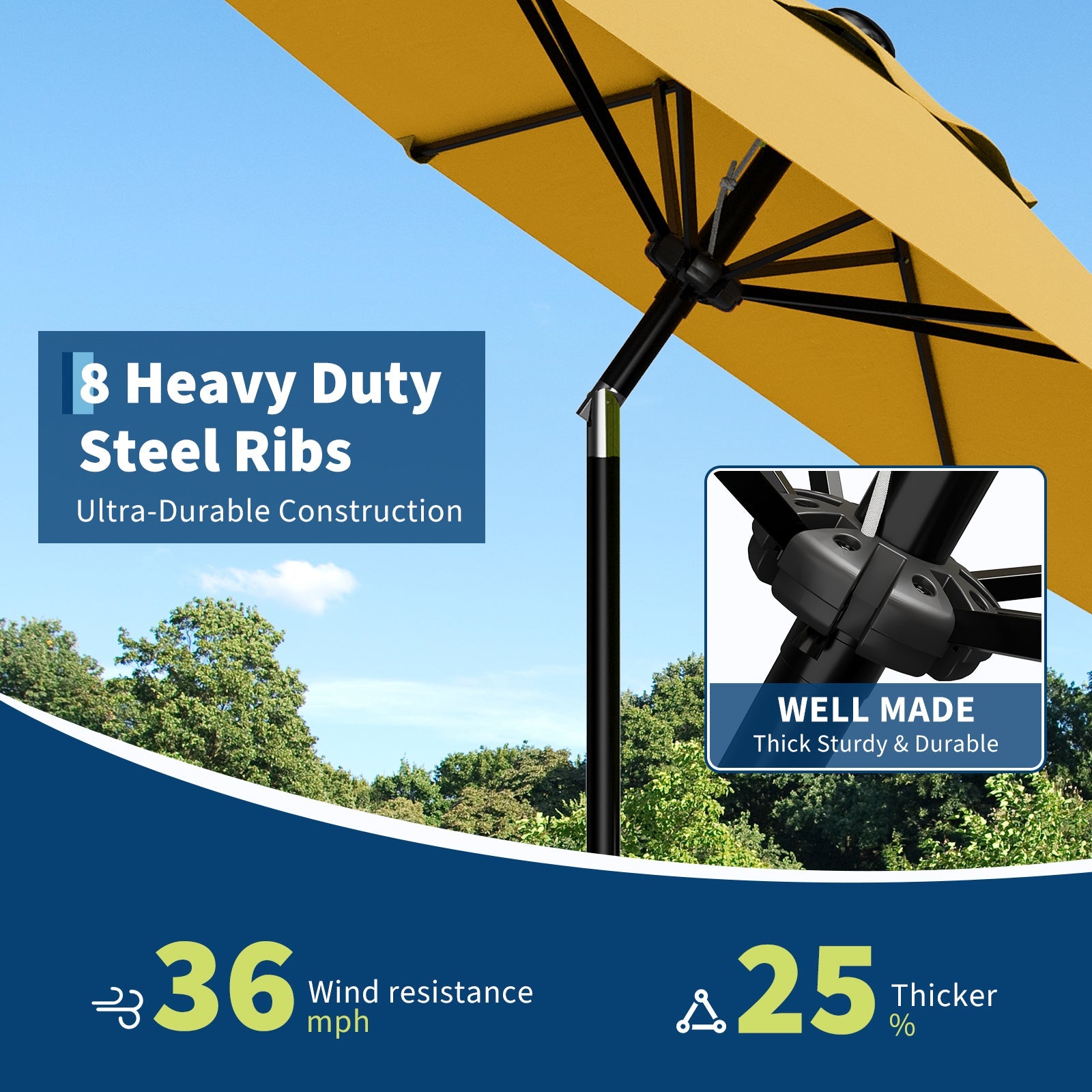Garvee 9FT Yellow Outdoor Patio Umbrella - Market Table Parasol with Smooth Crank Lift, Push Button Tilt & 8 Sturdy Ribs, UV Protection, Waterproof Sunshade for Pool, Deck, Yard, Garden