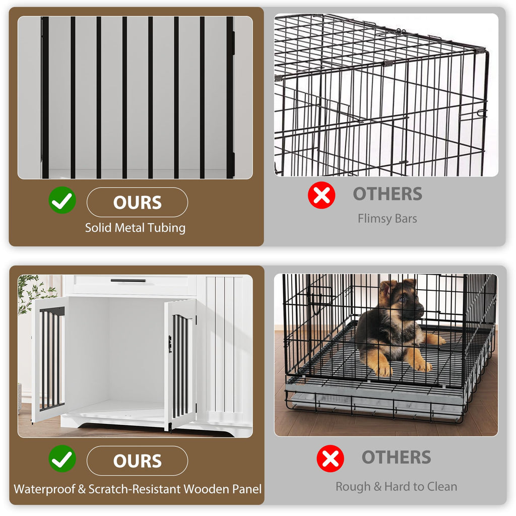 Garvee Wooden Indoor Dog Crate Furniture with Drawer & Lockable Doors, Heavy Duty Indoor Dog Kennel End Table with Feeding Bowls & Storage for Small Medium Large Dogs, White & Walnut