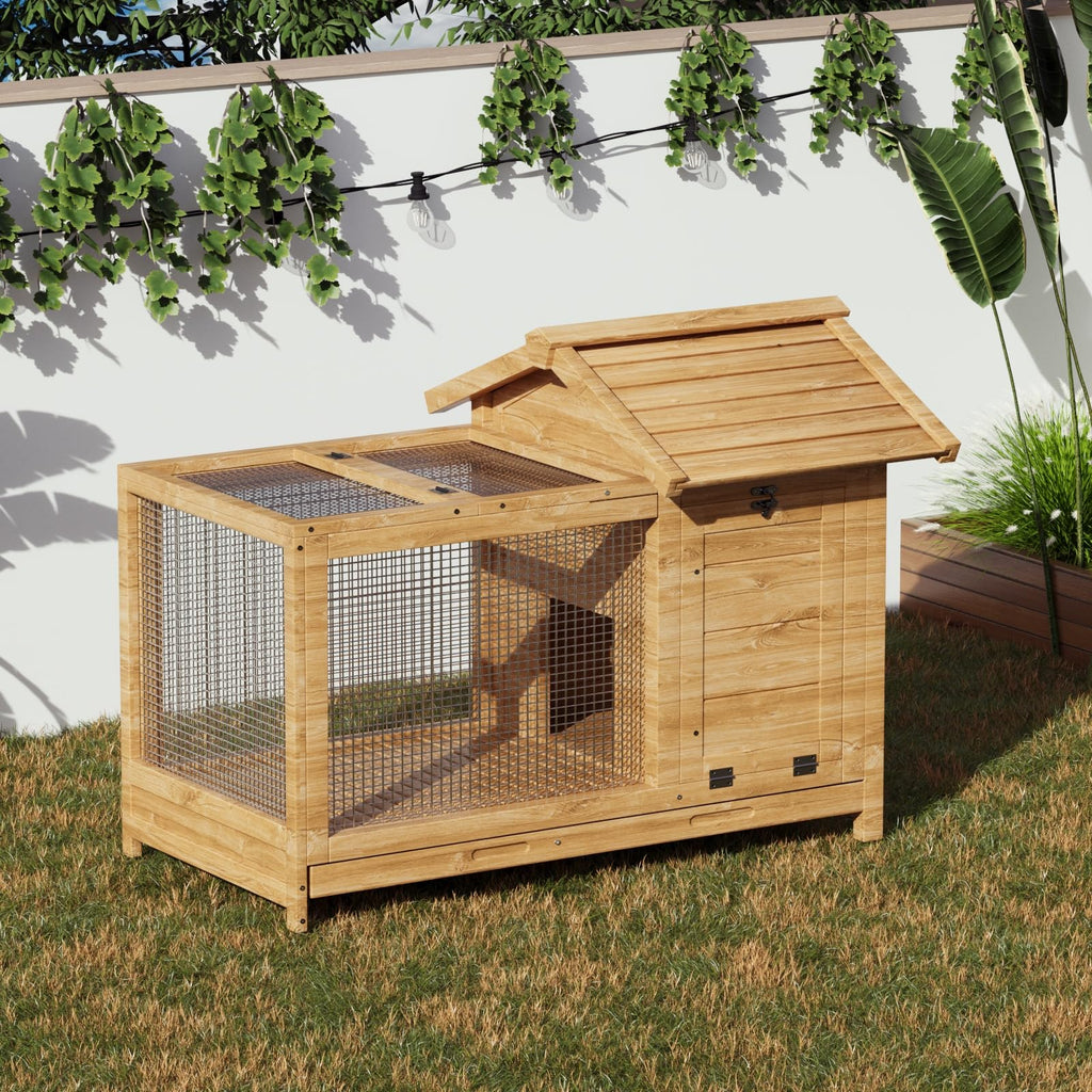 Garvee Large Outdoor Rabbit Hutch, Weatherproof 2-Story Bunny Cage with Removable Wire Netting, Wooden Indoor Outdoor Pet House, Waterproof Roof & Pull-Out Tray, Natural