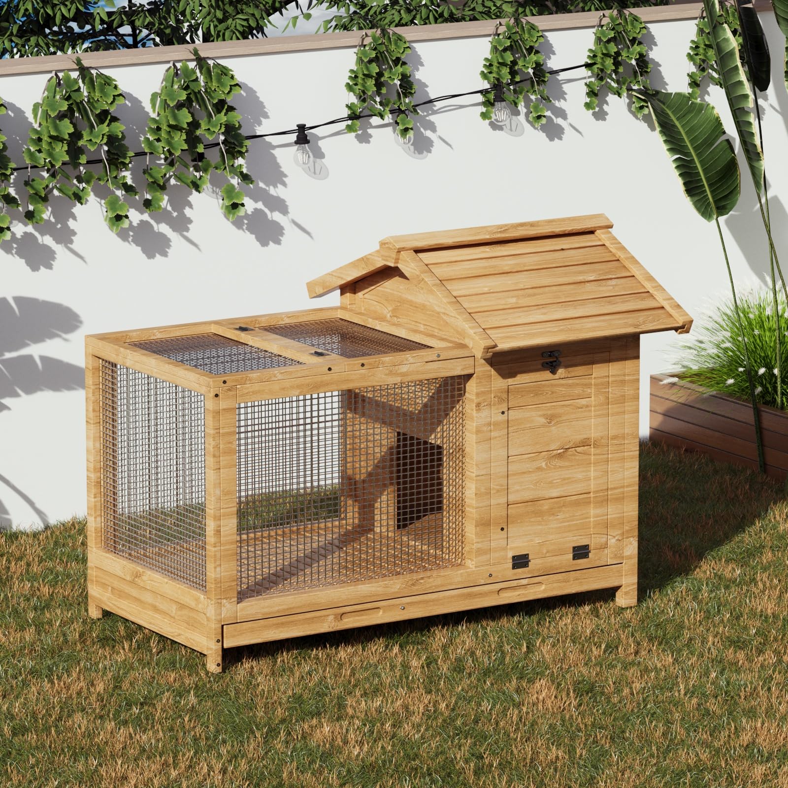 Garvee Large Outdoor Rabbit Hutch, Weatherproof 2-Story Bunny Cage with Removable Wire Netting, Wooden Indoor Outdoor Pet House, Waterproof Roof & Pull-Out Tray, Natural