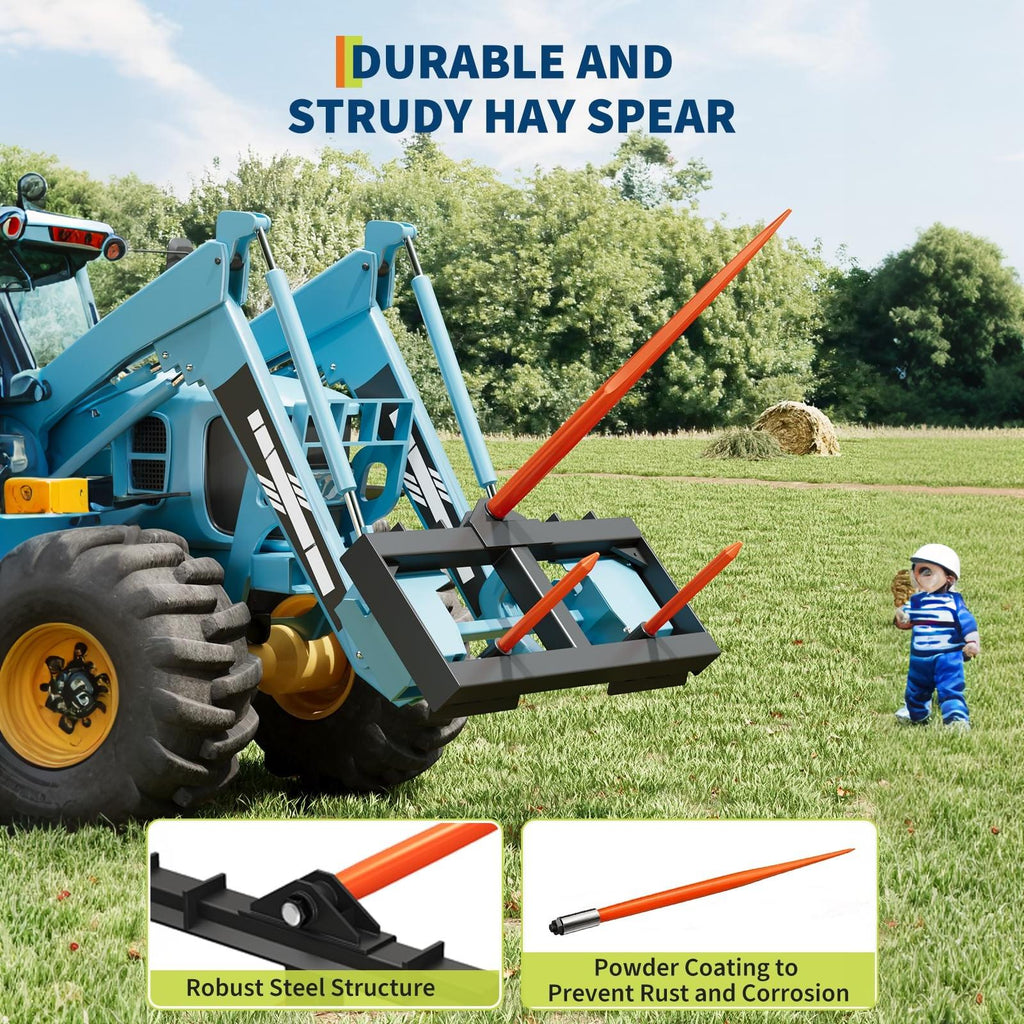Garvee Reliable 49" Hay Spear - 3000lbs Capacity Bale Fork - Hex Nut & Sleeve Included - Heavy-Duty Orange Coated for Tractors & Skid Steer Loaders - Orange | with sleeve