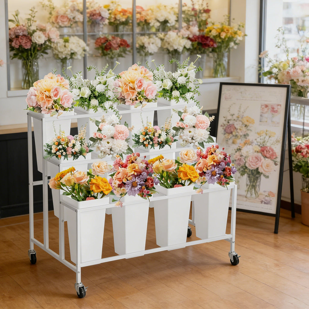 Garvee Flower Display Stand,3 Tier Flower Cart with 12 Round Buckets and Wheels, Moving Flower Cart Display Stand for Garden, Wedding, Flower Shop,White