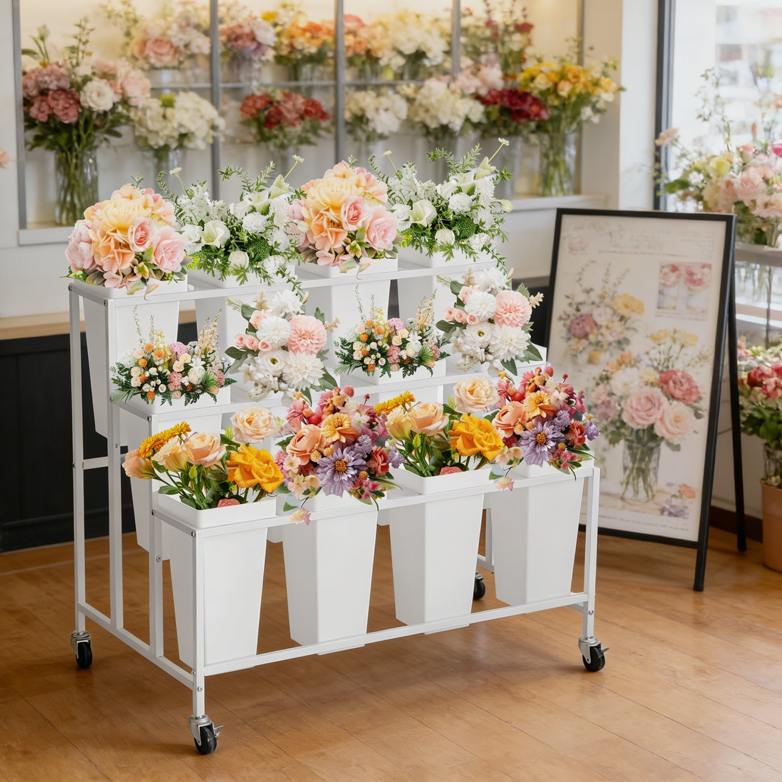 Garvee Flower Display Stand,3 Tier Flower Cart with 12 Round Buckets and Wheels, Moving Flower Cart Display Stand for Garden, Wedding, Flower Shop,White