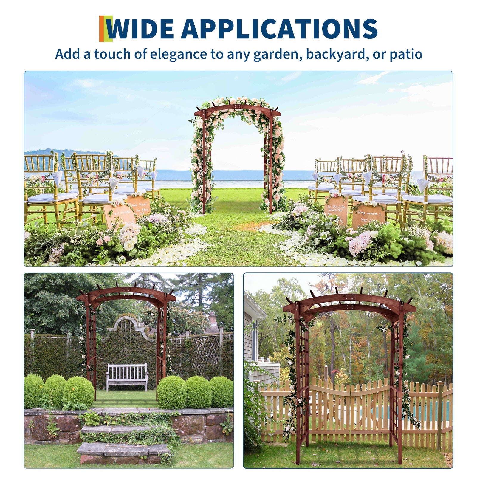 Garvee 85-Inch Wooden Garden Arbor Trellis, Fir Wood Arched Pergola for Climbing Plants, Wedding, Patio, Lawn & Backyard, Teak, Arched Top