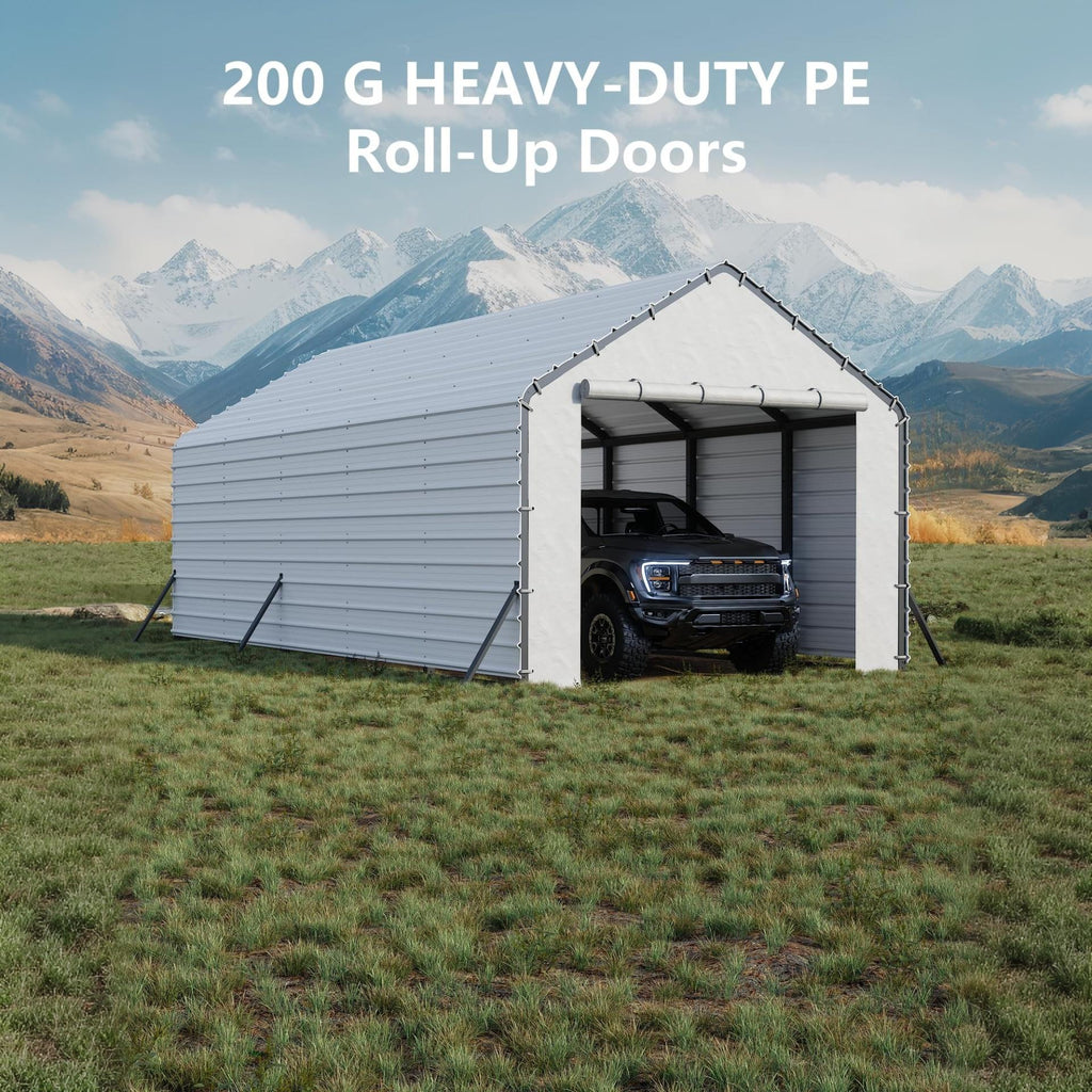 Garvee Carport Door Panel for 13 FT Wide Shelters, Heavy-Duty PE Tarp Enclosure with Zippered Opening, Ball Bungees, Waterproof UV-Resistant Gray Design