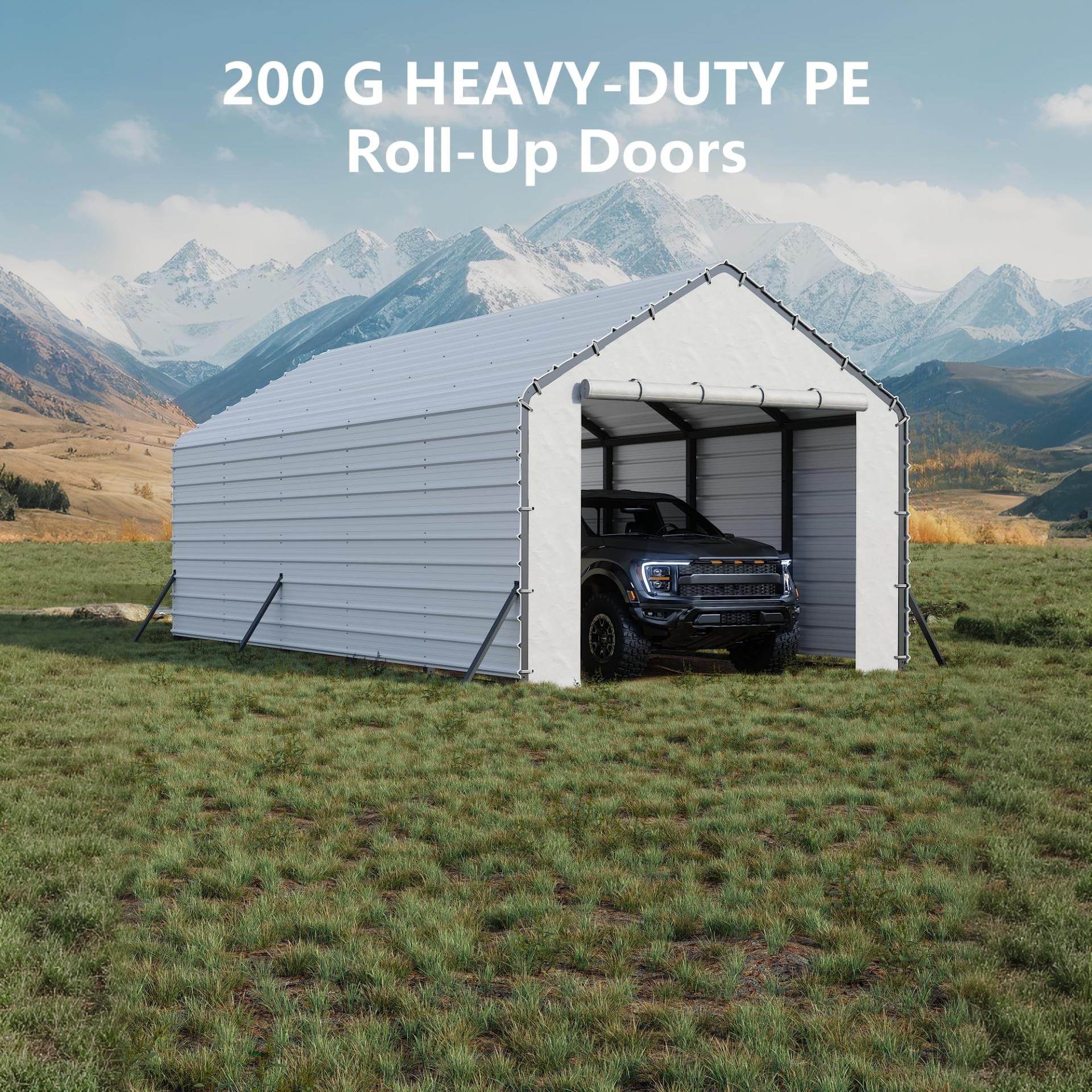 Garvee Carport Door Panel for 13 FT Wide Shelters, Heavy-Duty PE Tarp Enclosure with Zippered Opening, Ball Bungees, Waterproof UV-Resistant Gray Design