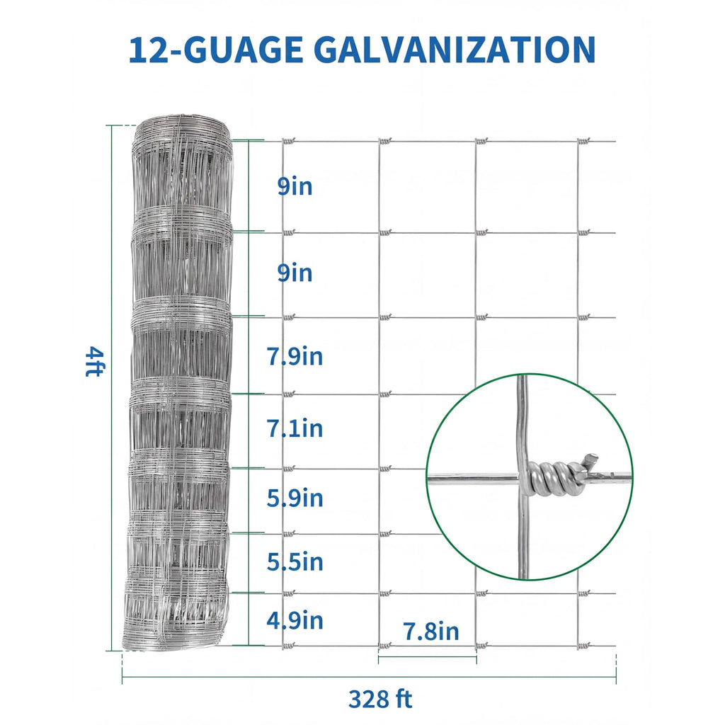 Garvee 12 Gauge Galvanized Steel Cattle Fence, 4ft x 328ft Woven Wire Farm Fencing Roll with Graduated Mesh for Livestock