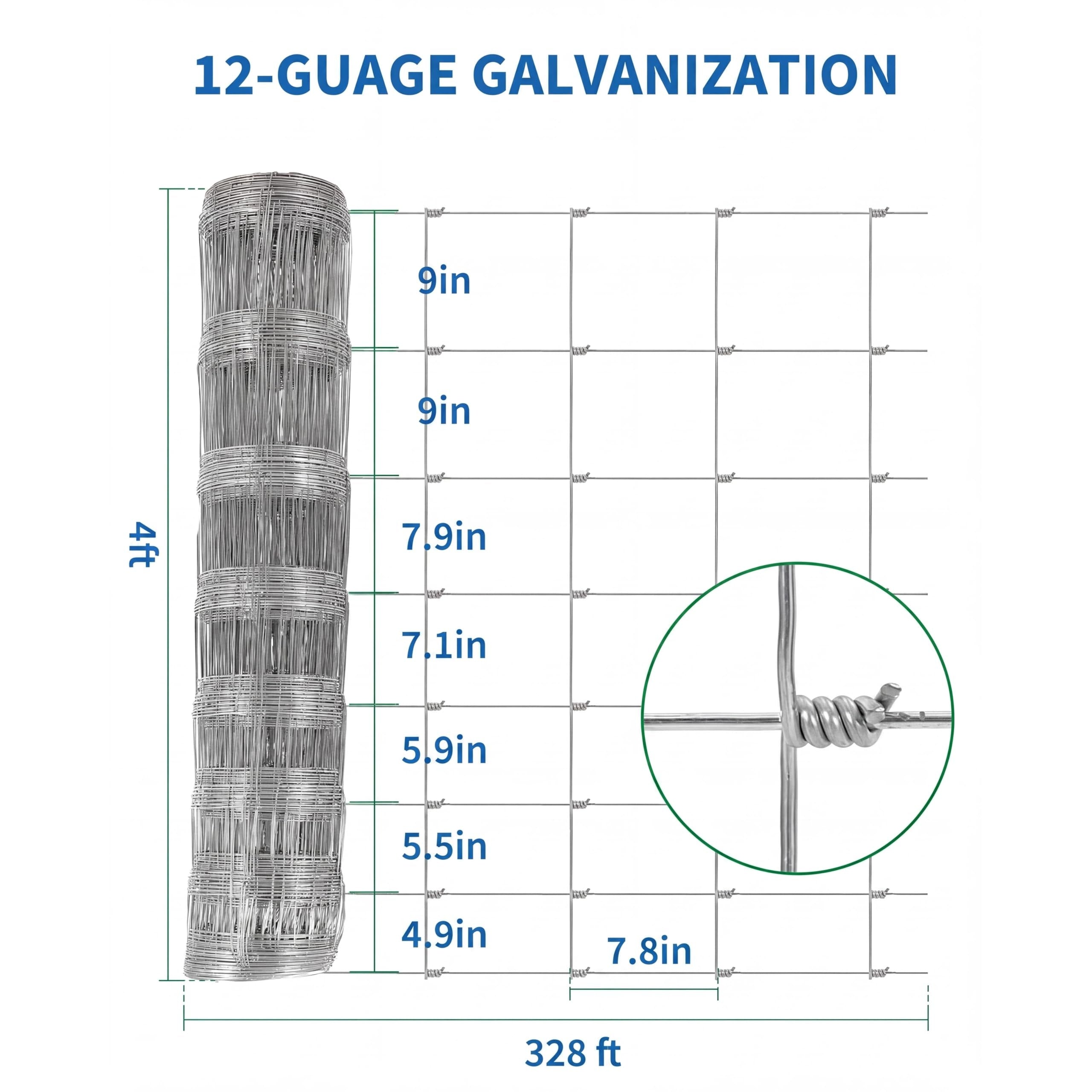 Garvee 12 Gauge Galvanized Steel Cattle Fence, 4ft x 328ft Woven Wire Farm Fencing Roll with Graduated Mesh for Livestock