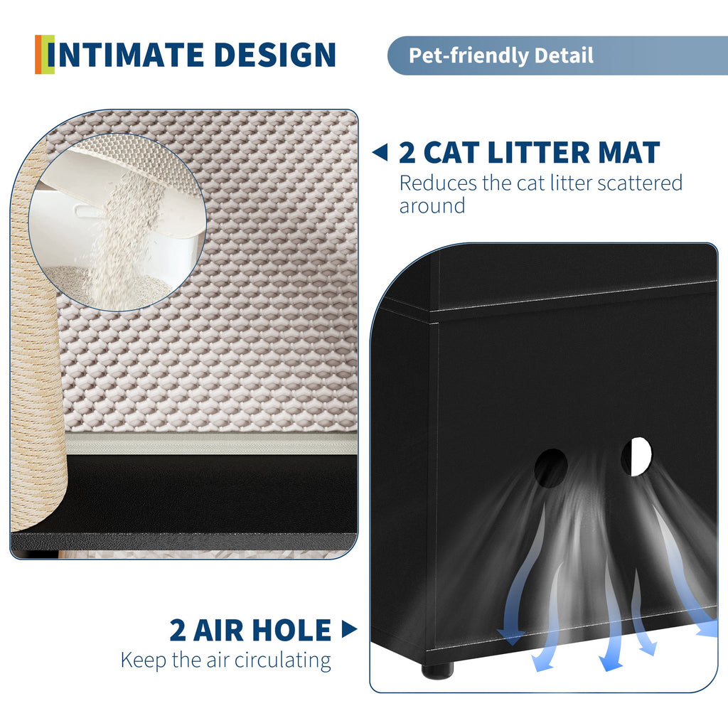 Garvee Double Cat Litter Box Enclosure for 2 Cats – 2-Tier Corner Cabinet with Marking Post, Litter Mats, Large Particle Board, Cat Washroom, Bed & Pet Waste Storage – Basic Black Model