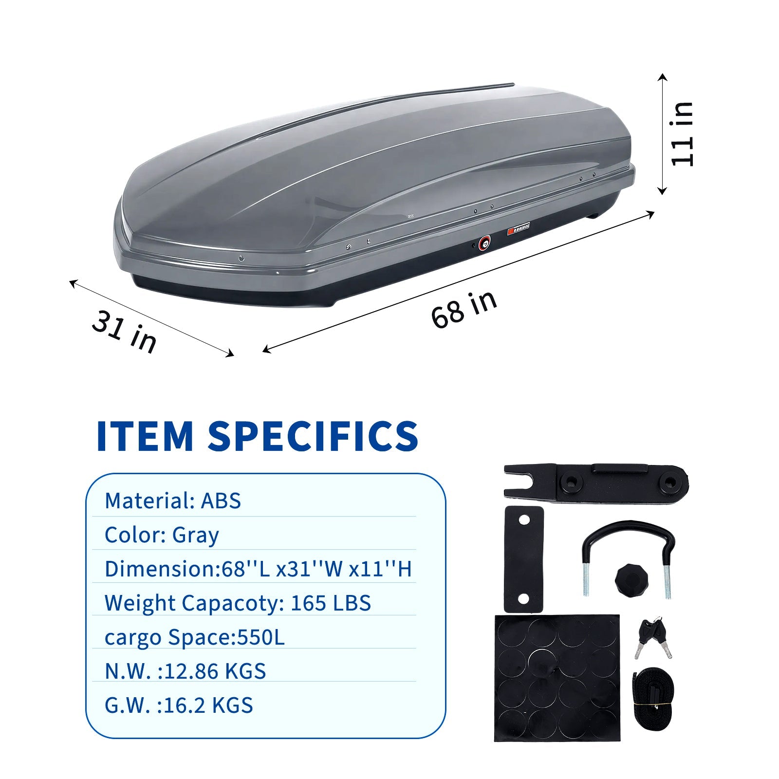Garvee Spacious Hard Shell Rooftop Cargo Box for Cars & SUVs – 19.4 Cu Ft, Waterproof, Dual-Side Opening, global Fit, Secure Straps & Keys, 165 lbs Capacity – Gray – Color: Gray, Specs: 19.4 cu ft hard shell rooftop cargo box, double-sided opening, global