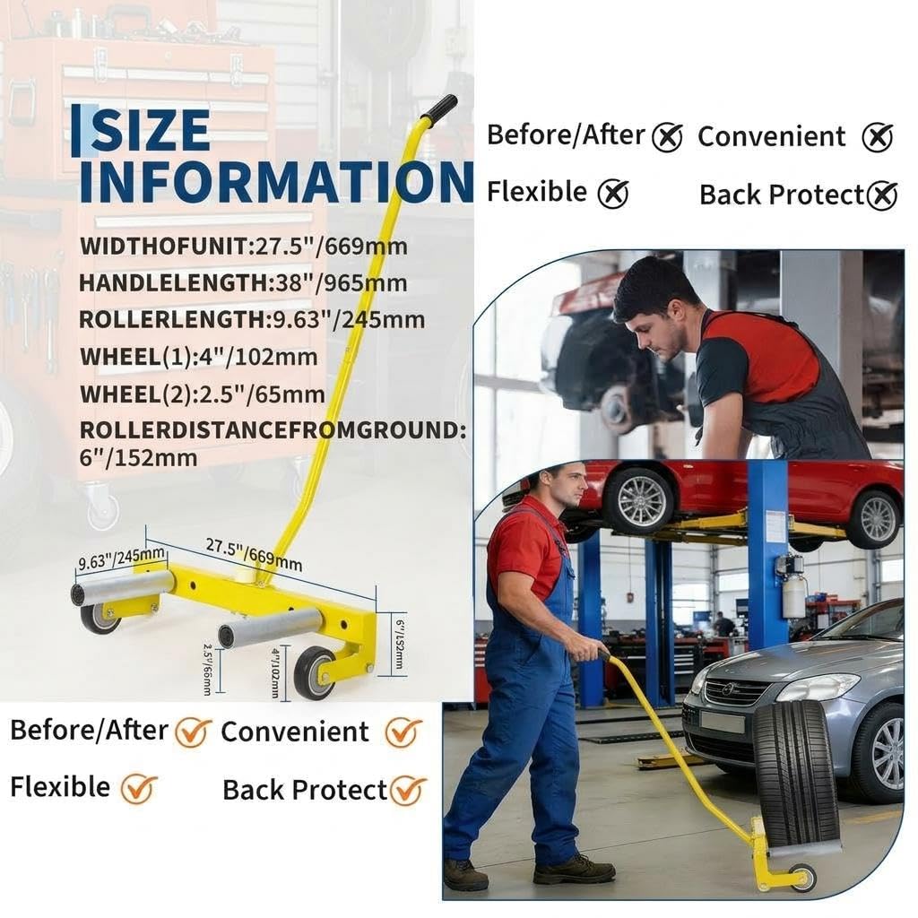 Garvee Heavy Duty Adjustable Tire Wheel Dolly – 330lbs Capacity, 23.5"-43.5" Width, 8in 360° Rollers – For Semi Truck, SUV, ATV, RV, Trailer – Industrial Tire Lifter Cart – Yellow