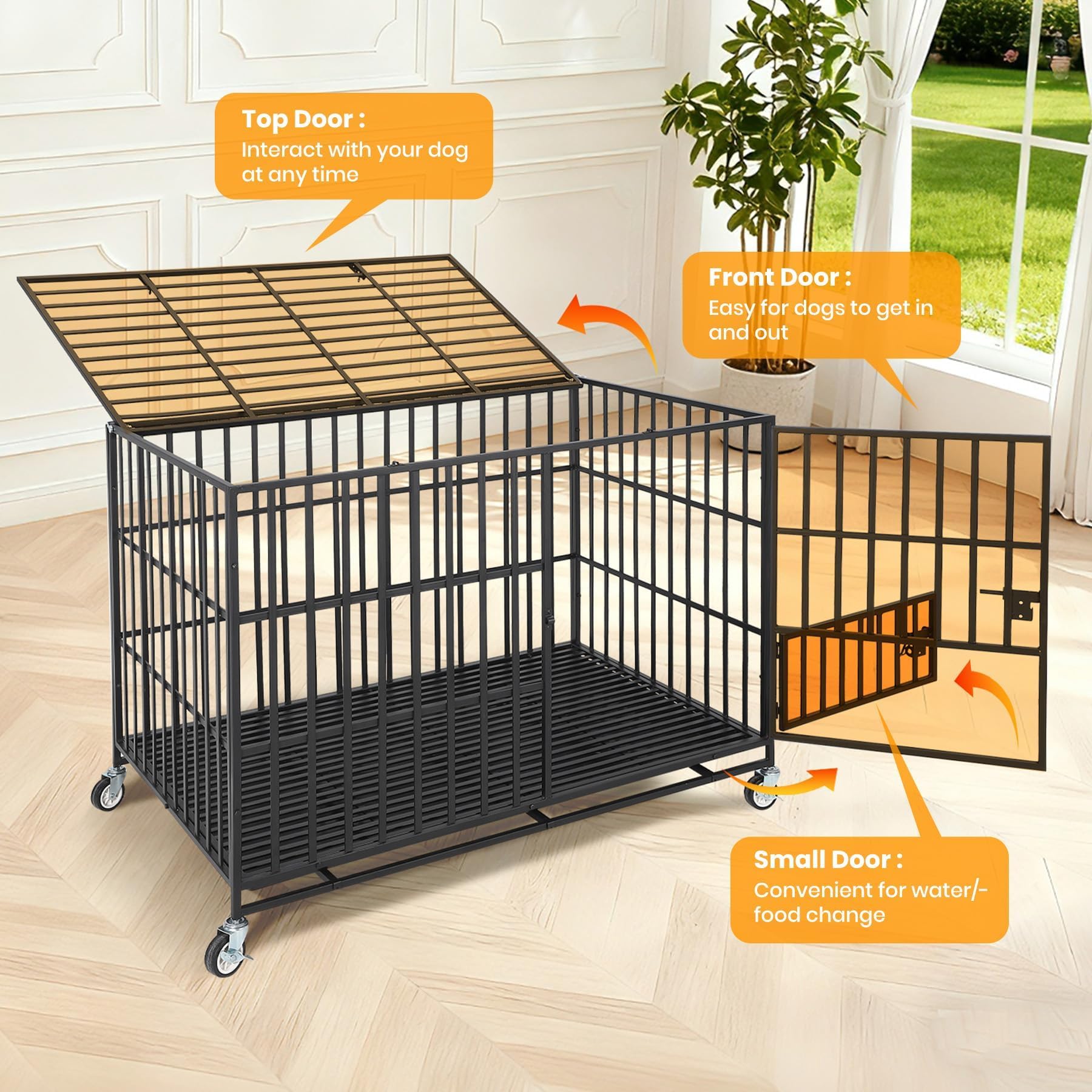 Garvee Heavy Duty Escape-Proof Dog Crate 49", Indestructible Metal Dog Kennel for Large Dogs, 3-Door Locking Design, Removable Tray & Wheels, Indoor Cage, Black