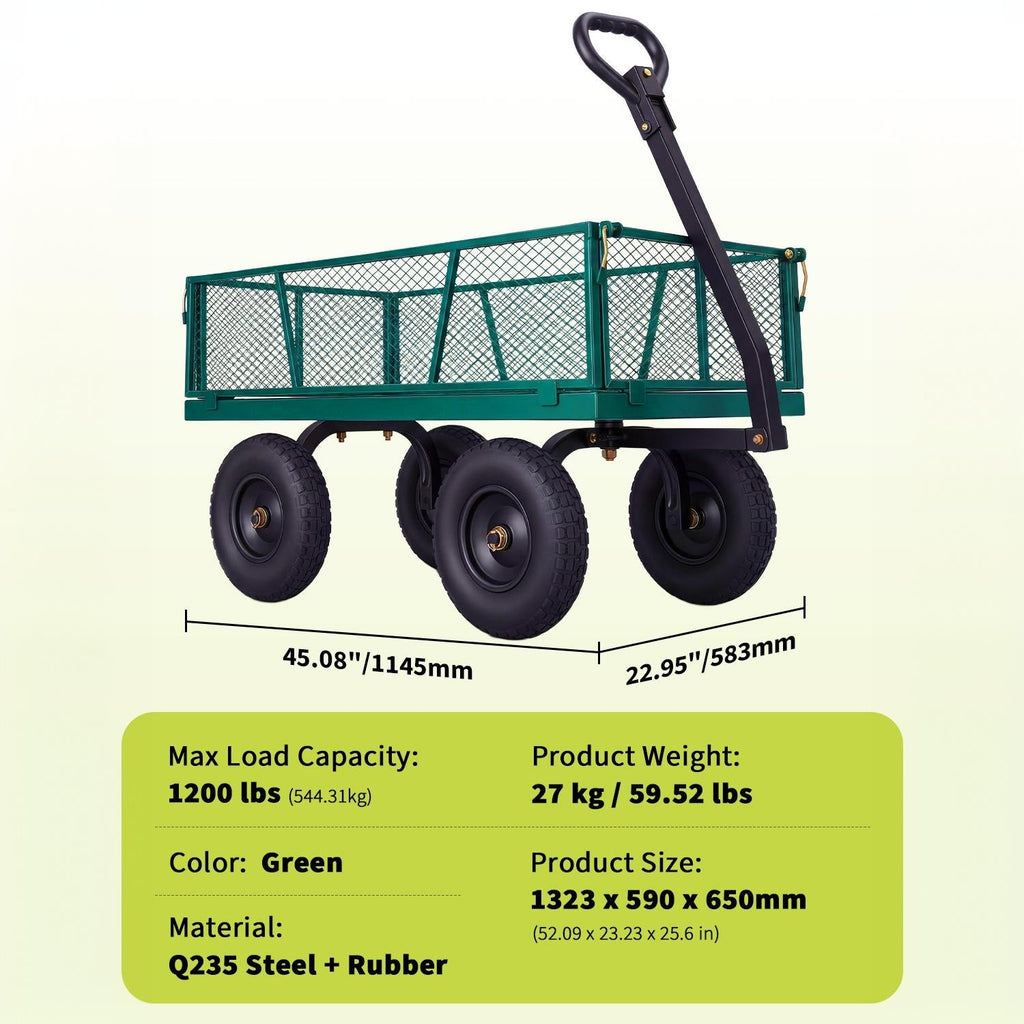 Garvee 1200 lb Heavy-Duty Steel Garden Cart, All-Terrain Utility Wagon with 13" Pneumatic Tires, Removable Mesh Sides, 180° Rotating Handle & Flatbed Design for Lawn, Yard, Farm, Landscaping, Green