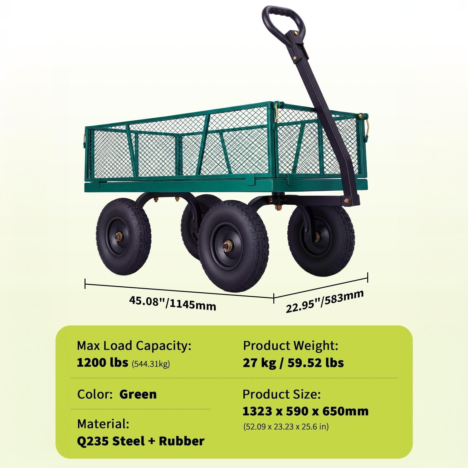 Garvee 1200 lb Heavy-Duty Steel Garden Cart, All-Terrain Utility Wagon with 13" Pneumatic Tires, Removable Mesh Sides, 180° Rotating Handle & Flatbed Design for Lawn, Yard, Farm, Landscaping, Green