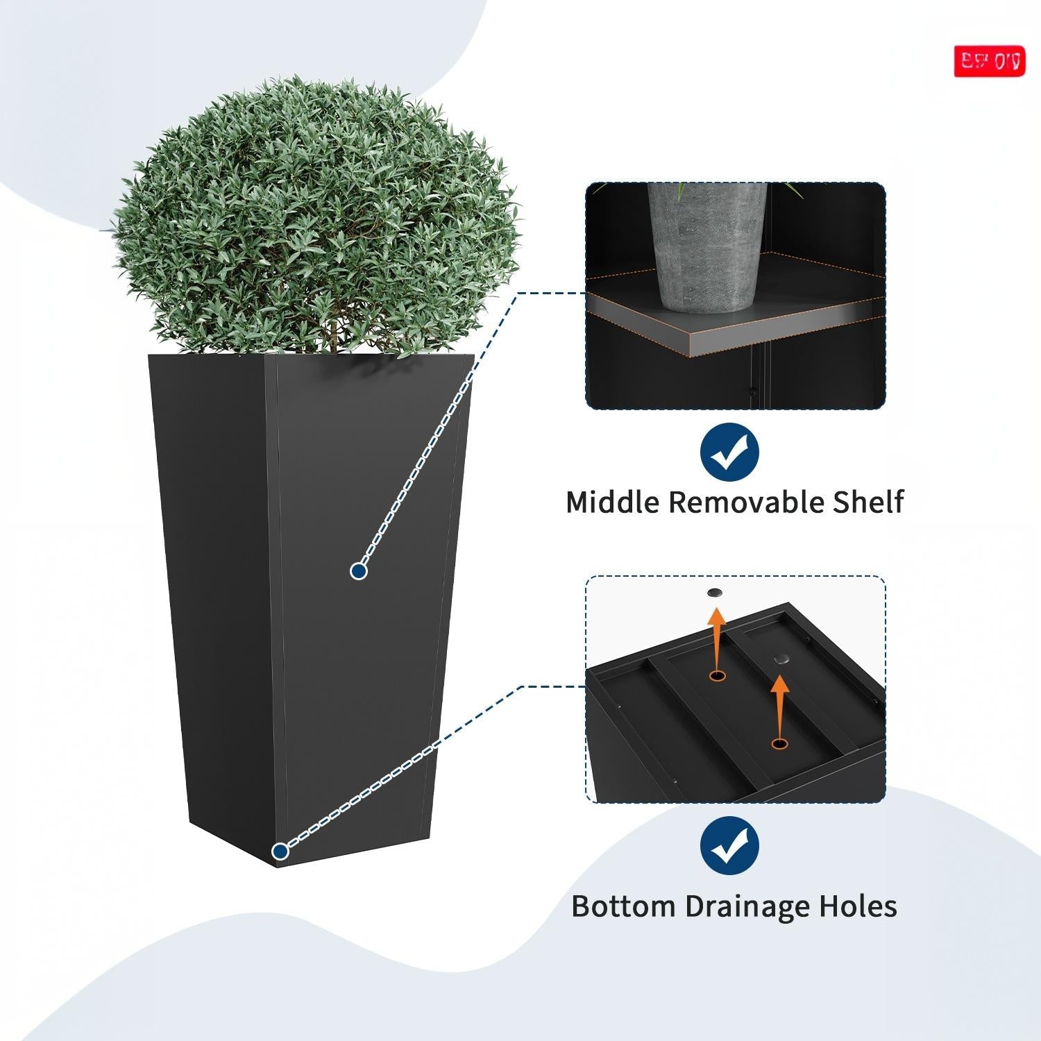 Garvee Set of 2 Heavy Duty 30-Inch Tall Black Metal Tapered Planters with Drainage Holes, Removable Insert Shelf, Weather-Resistant Outdoor Indoor Plant Pots for Patio, Garden, Deck & Entryway
