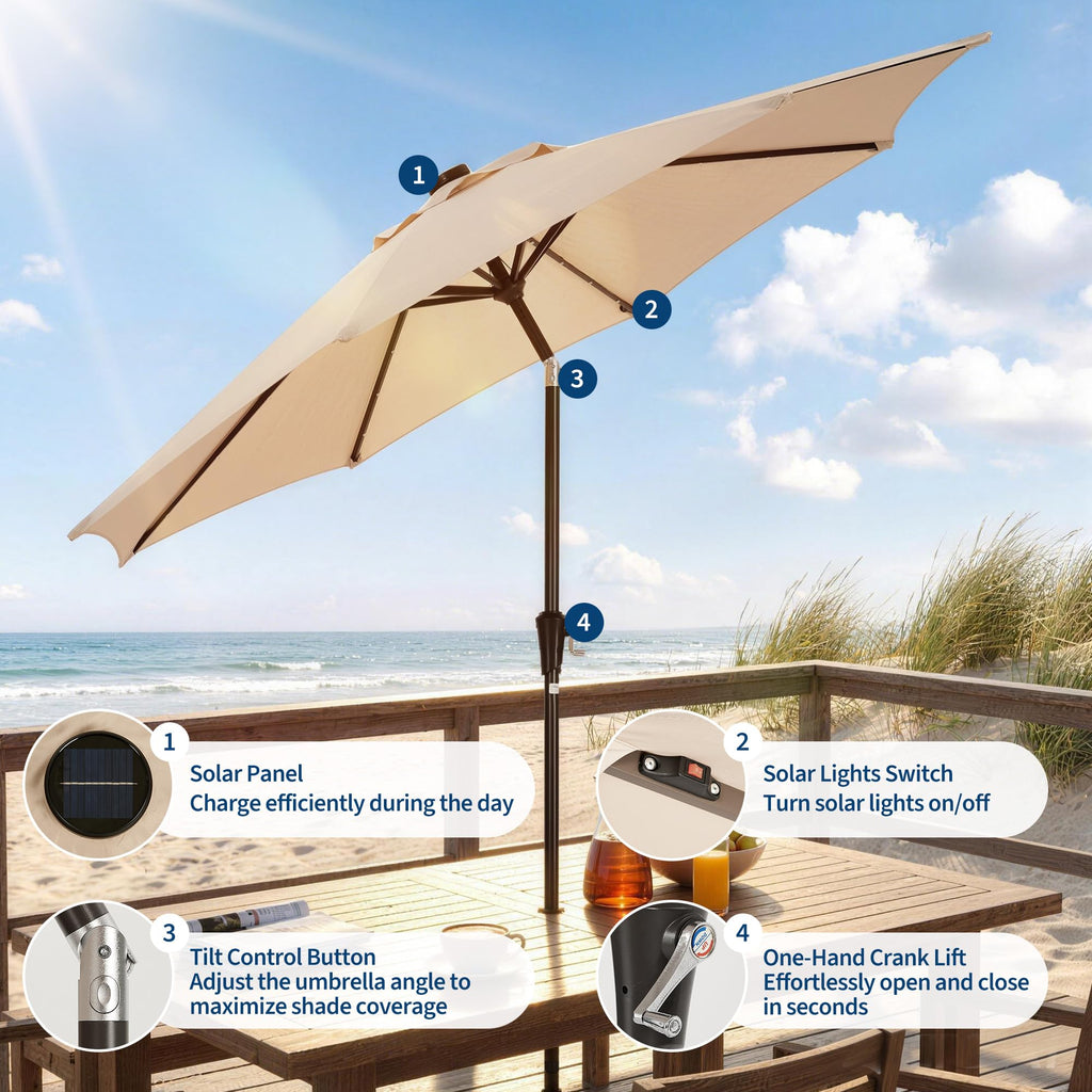 Garvee 10 FT Solar LED Patio Umbrella, Outdoor Market Table Umbrella with 32 Lights, Push-Button Tilt, Crank Lift & 8 Iron Ribs for Deck, Garden, Backyard and Pool, Beige