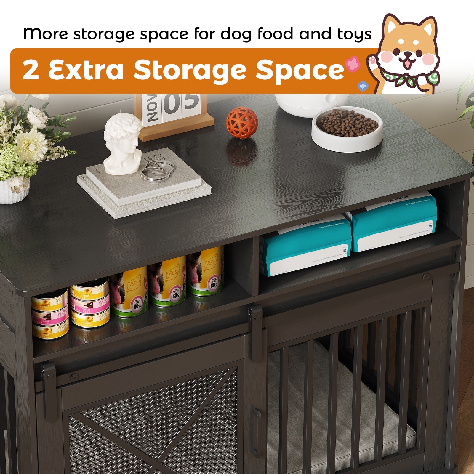 Garvee 44.5 Inch Large Dog Crate Furniture with 2 Storage Self, Wooden Dog Kennel Furniture As End Table, Decorative Pet Cage Dog House Indoor for Medium/Large Dogs, Chew-Proof, Black