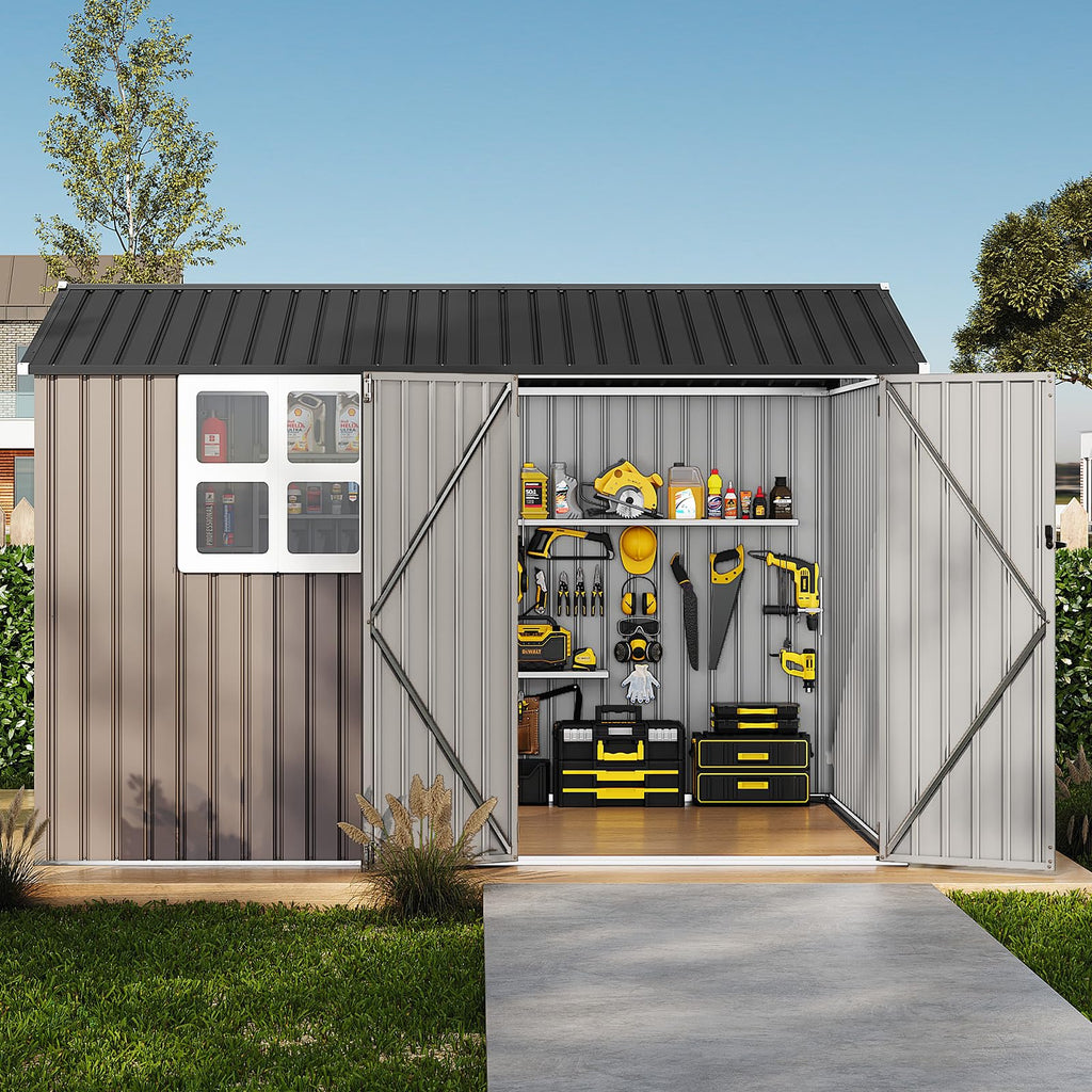 Garvee 8x10 ft Heavy-Duty Metal Storage Shed with Lockable Door & Windows - Galvanized Steel Outdoor Utility Shed with Sloped Roof for Backyard, Garden, Garage, and Patio, Brown