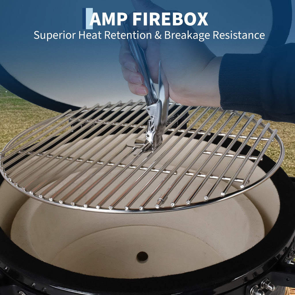 Garvee 18" Ceramic Kamado Grill, 250 Sq.In. Charcoal BBQ Grill and Smoker with AMP Firebox, Cast-Iron Top Vent and Slide-Out Ash Drawer - Black