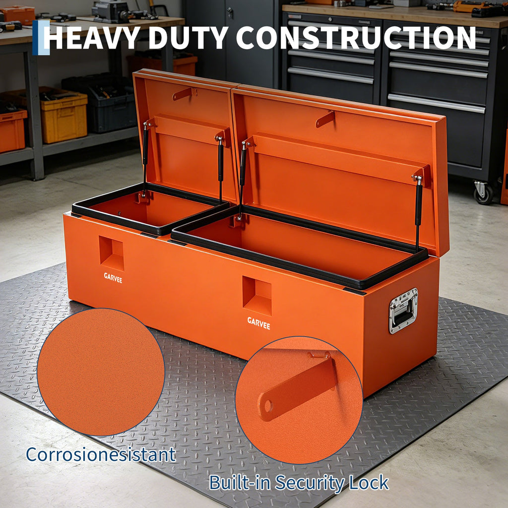 Garvee 48"X16"X14" Heavy Duty Steel Truck Bed Tool Box – Double Lid, Grooved Weatherproof Metal Chest with T-Handle & Side Handle, Durable Organizer for Pickup Truck, RV, Trailer, Front Double, Orange