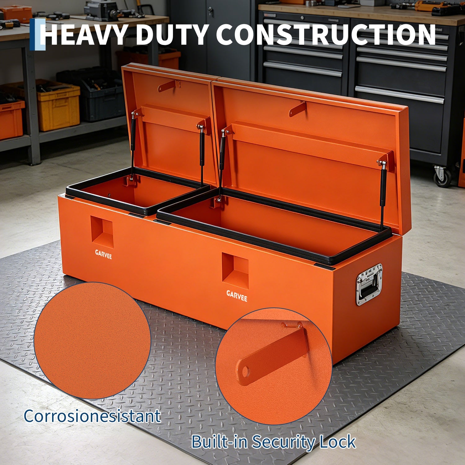 Garvee 48"X16"X14" Heavy Duty Steel Truck Bed Tool Box – Double Lid, Grooved Weatherproof Metal Chest with T-Handle & Side Handle, Durable Organizer for Pickup Truck, RV, Trailer, Front Double, Orange