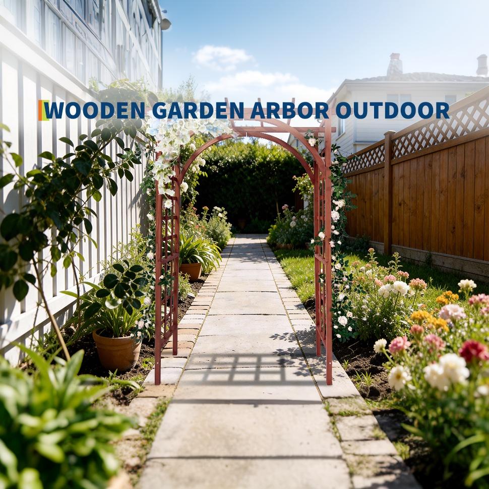 Garvee 85-Inch Wooden Garden Arbor Trellis, Fir Wood Pergola Arch for Climbing Plants, Wedding, Patio, Lawn & Backyard, Teak, Arched & Flat Top