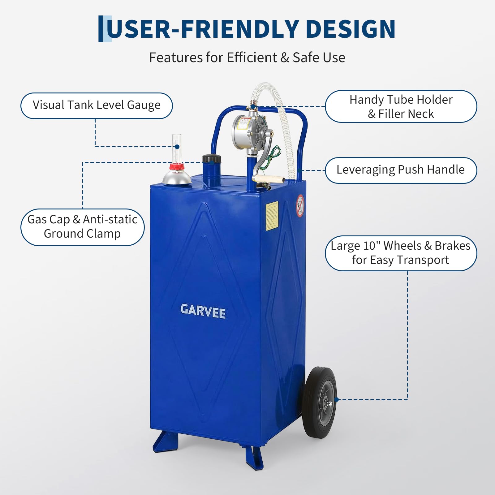 Garvee 35 Gallon Portable Fuel Gas Caddy Storage Tank – Reinforced 2-Wheel, 2-Support Design, Manual Rotary Pump, Vented Cap, Level Gauge, Fuel Hose – Gasoline/Fuel Transfer for ATV, Tractor, Mower, Car, Boat – Reinforced 2-wheel, 2-support version - Blue