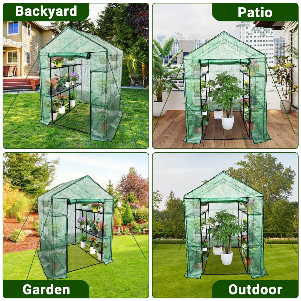 Garvee Walk-In Greenhouse 56 × 56 × 75 in, 6-Shelf Portable Green House with 140 g/m² PE Cover, Steel Frame and Roll-Up Zipper Door for Patio, Garden and Backyard, Green