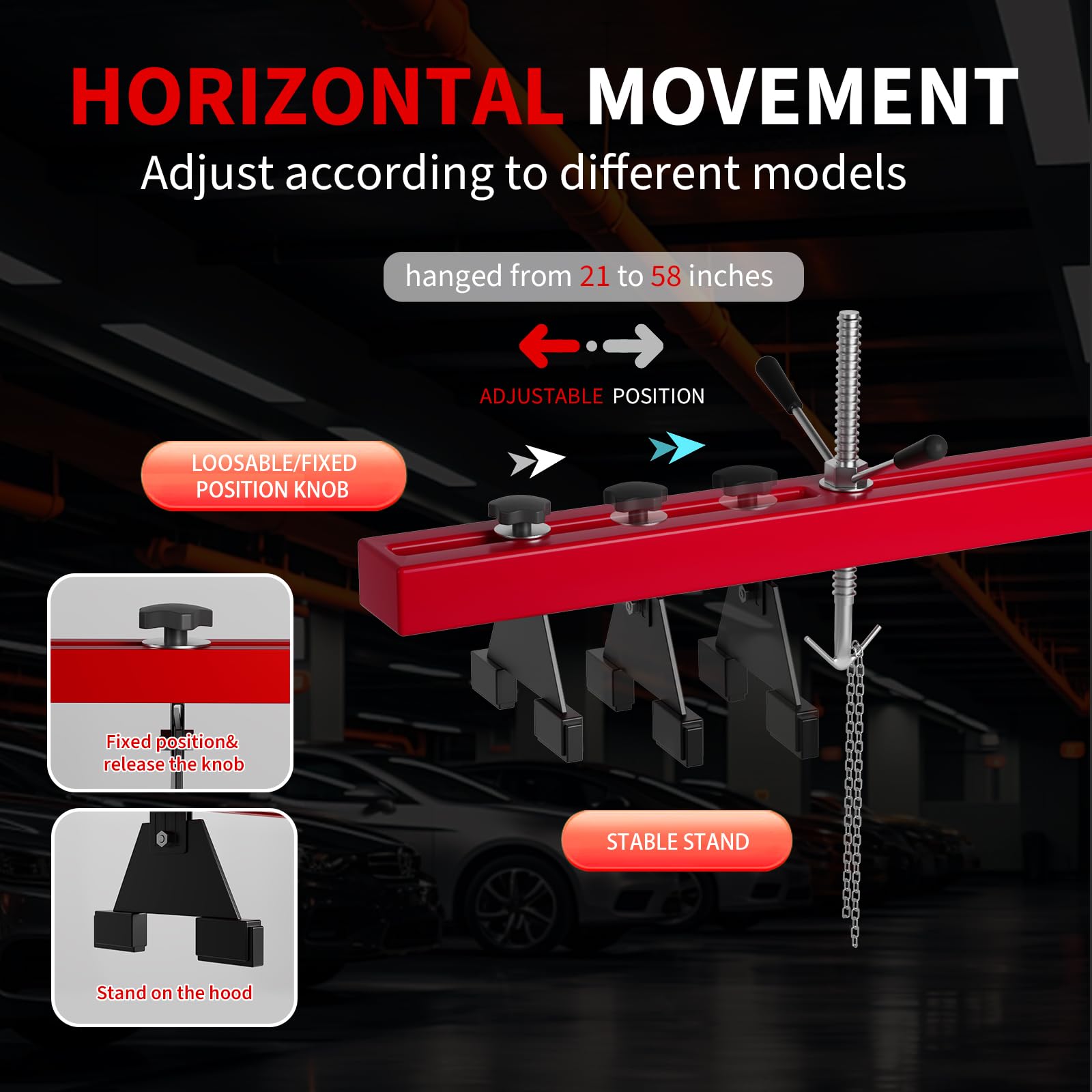 Garvee Engine Support Bar, 1100 lbs Capacity Transverse Motor Lift Hoist with Dual Hooks, 2-Point Holder for Home Garage and Auto Repair Shop, Red