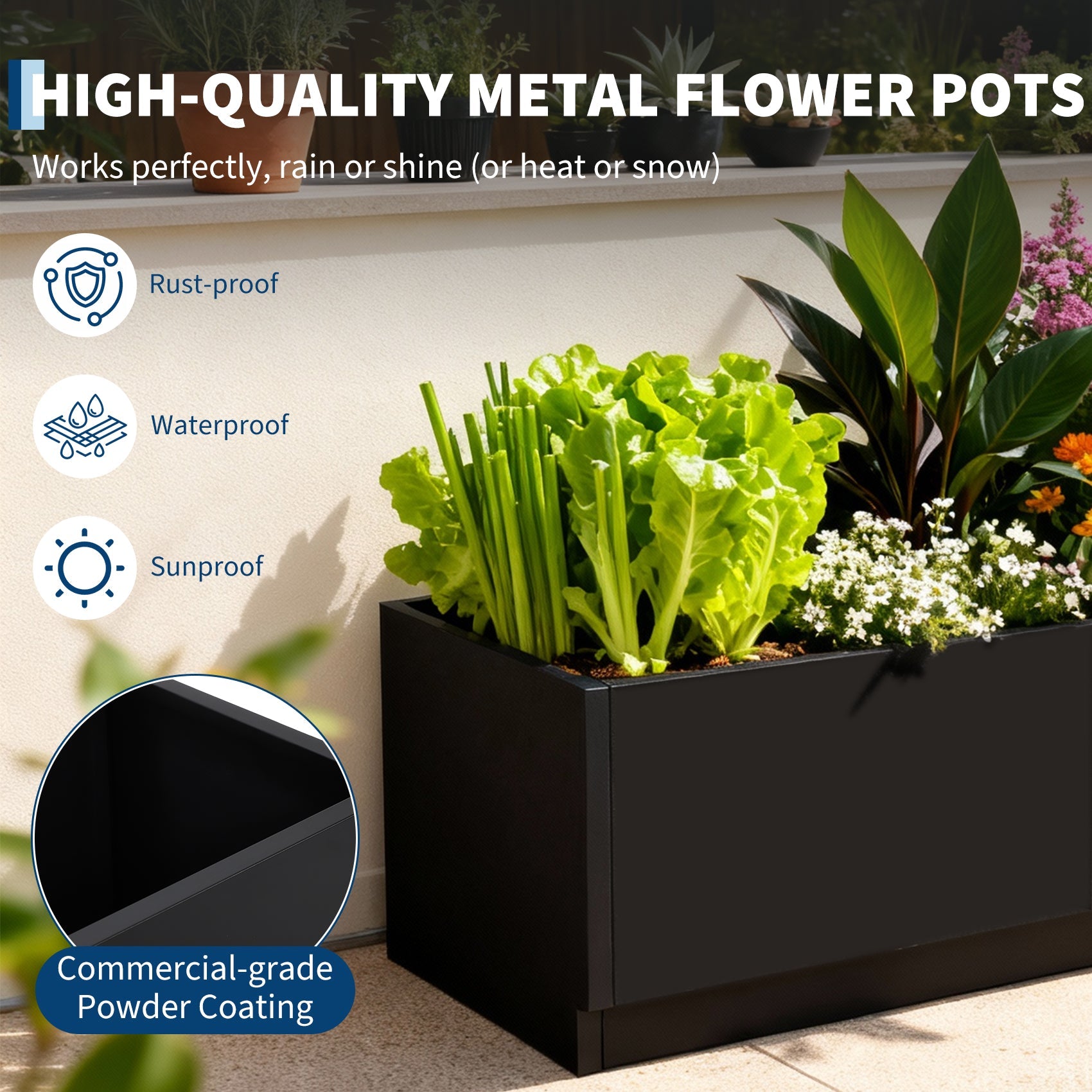 Garvee LED Metal Raised Garden Bed Planter Box – Snap-On Assembly, Exterior Light Strips, Waterproof Controller, Drainage Holes, Decorative Outdoor Flower & Vegetable Container – Black, 120x40x40cm