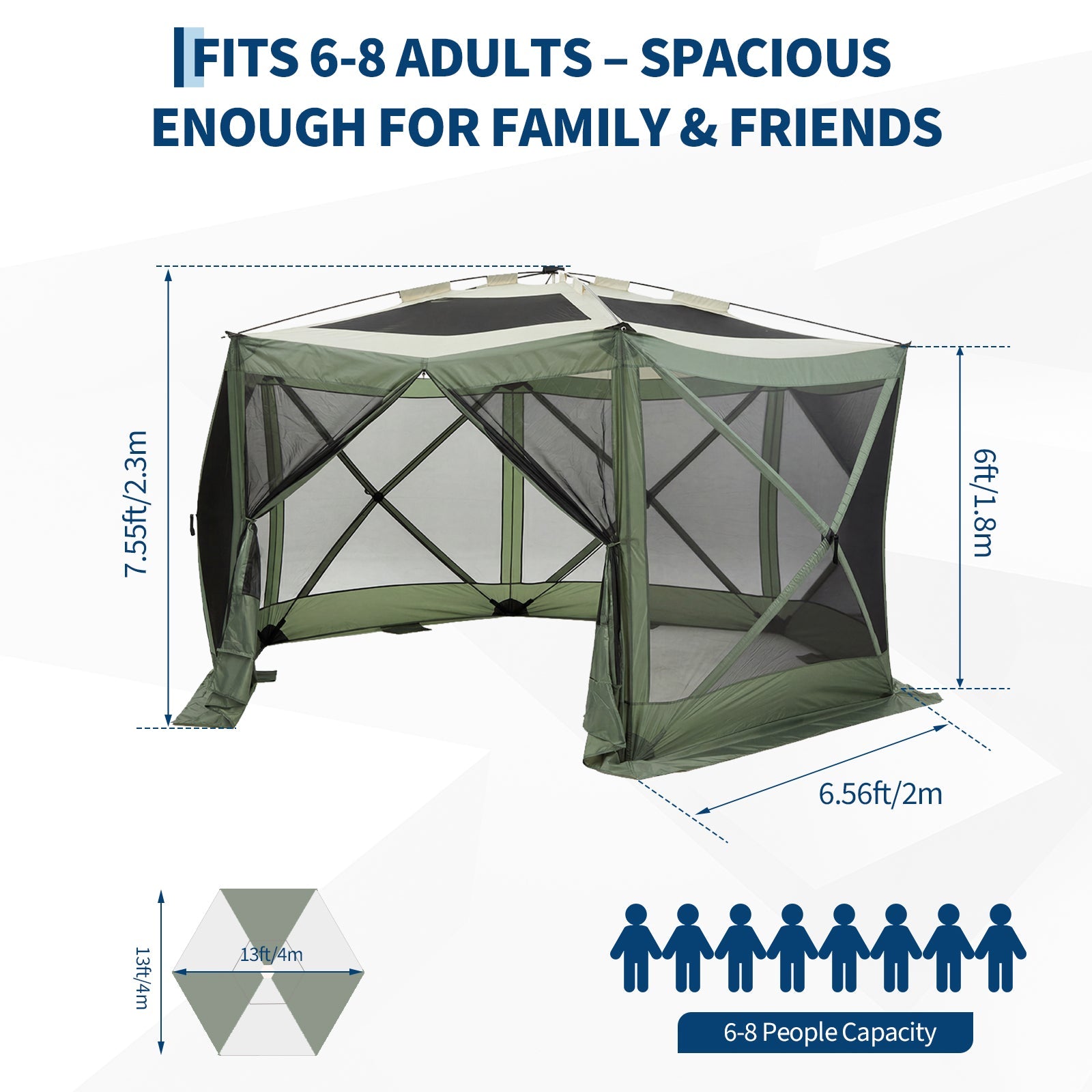 Garvee Screen Gazebo Tent, 13 x 13 FT 6-Sided Canopy for 8-10 People with 7.5 FT Height, Removable Wind Cloth and Carry Bag for Camping, Green and Light Gray