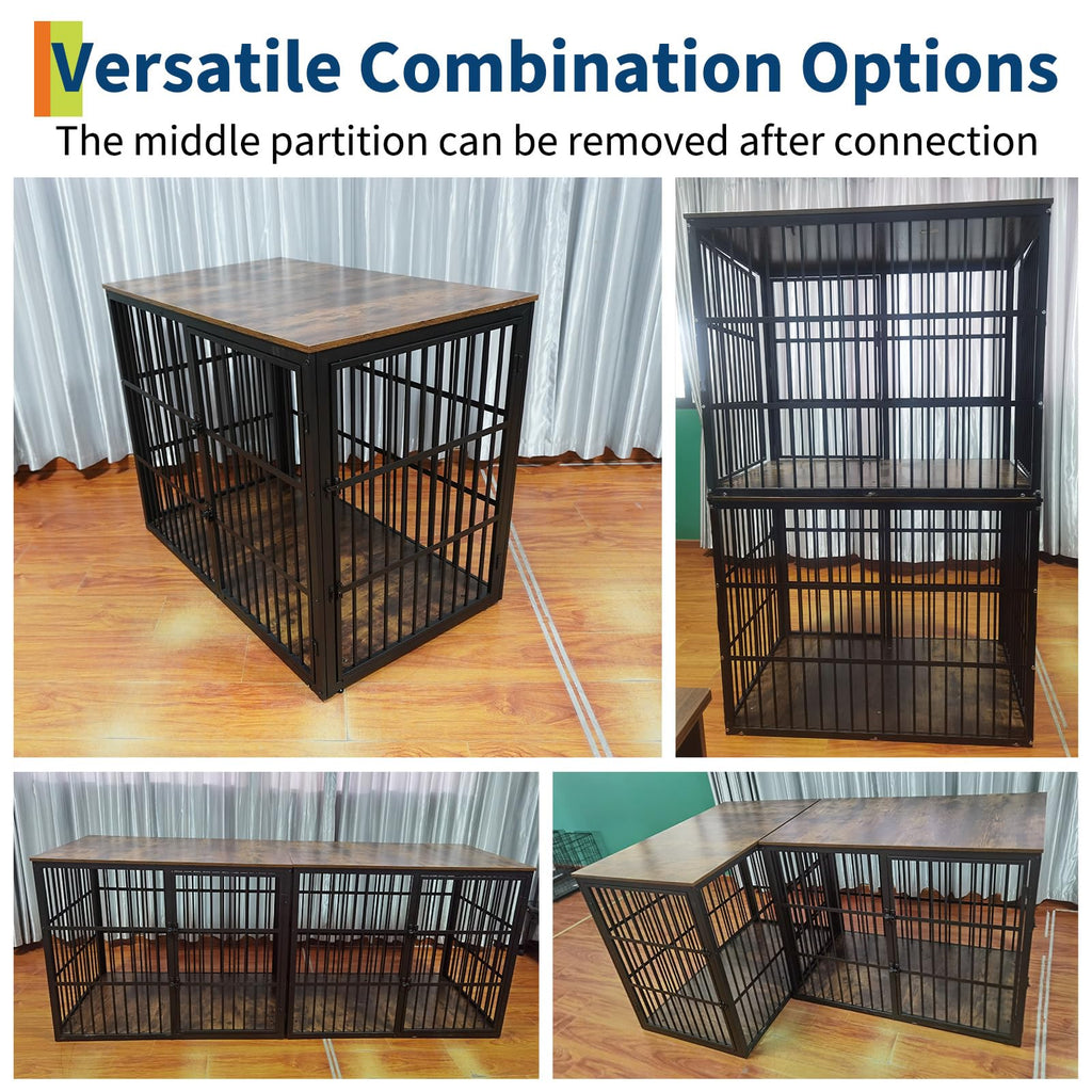 Garvee 47" Dog Crate Furniture, 3-In-1 Wooden Dog Kennel with 3 Lockable Doors, Heavy Duty Metal Frame & Sturdy Panels, Large End Table for Medium to Large Breeds, Brown & Black