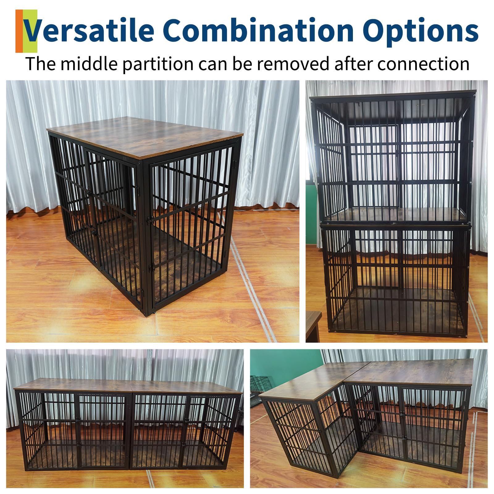 Garvee 47" Dog Crate Furniture, 3-In-1 Wooden Dog Kennel with 3 Lockable Doors, Heavy Duty Metal Frame & Sturdy Panels, Large End Table for Medium to Large Breeds, Brown & Black