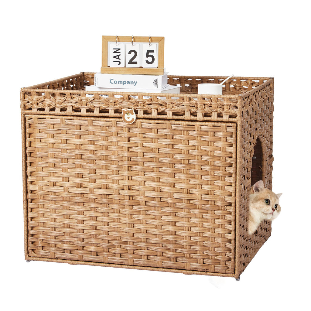 Garvee Handwoven Rattan Cat Litter Box Cabinet – Large Hidden Enclosure with Removable Mat and Fence – Stylish Boho Furniture, Easy to Clean, Covered Litterbox for Indoor Cats – Natural Color