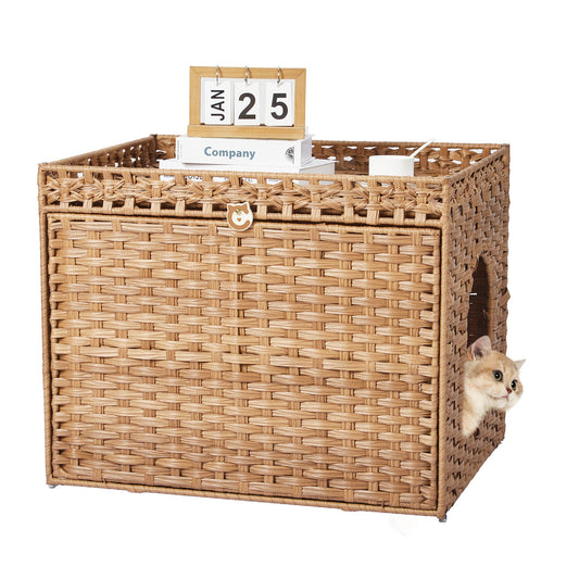 Garvee Handwoven Rattan Cat Litter Box Cabinet – Large Hidden Enclosure with Removable Mat and Fence – Stylish Boho Furniture, Easy to Clean, Covered Litterbox for Indoor Cats – Natural Color