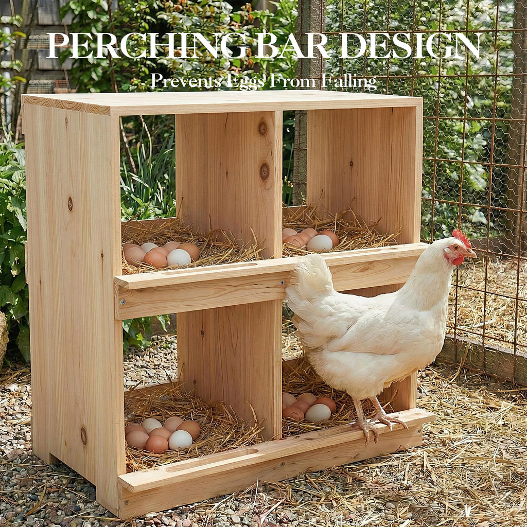 Garvee Double Deck Wooden Chicken Nesting Box – Four Compartments, Roll-Away Egg Collection, Insulated Sunproof, Wall-Mounted or Floor-Standing, Perch, Ideal for Poultry Coops and Farms, 4-Compartment Double Layer