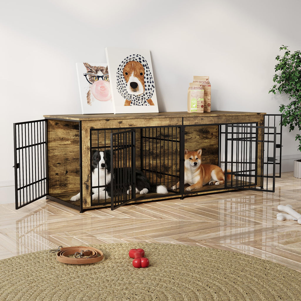Garvee Heavy Duty Wooden Dog House Furniture – Large Kennel with Divider, 4 Doors, Storage, End Table Design, Adjustable Feet, Vintage Brown, 6.6ft