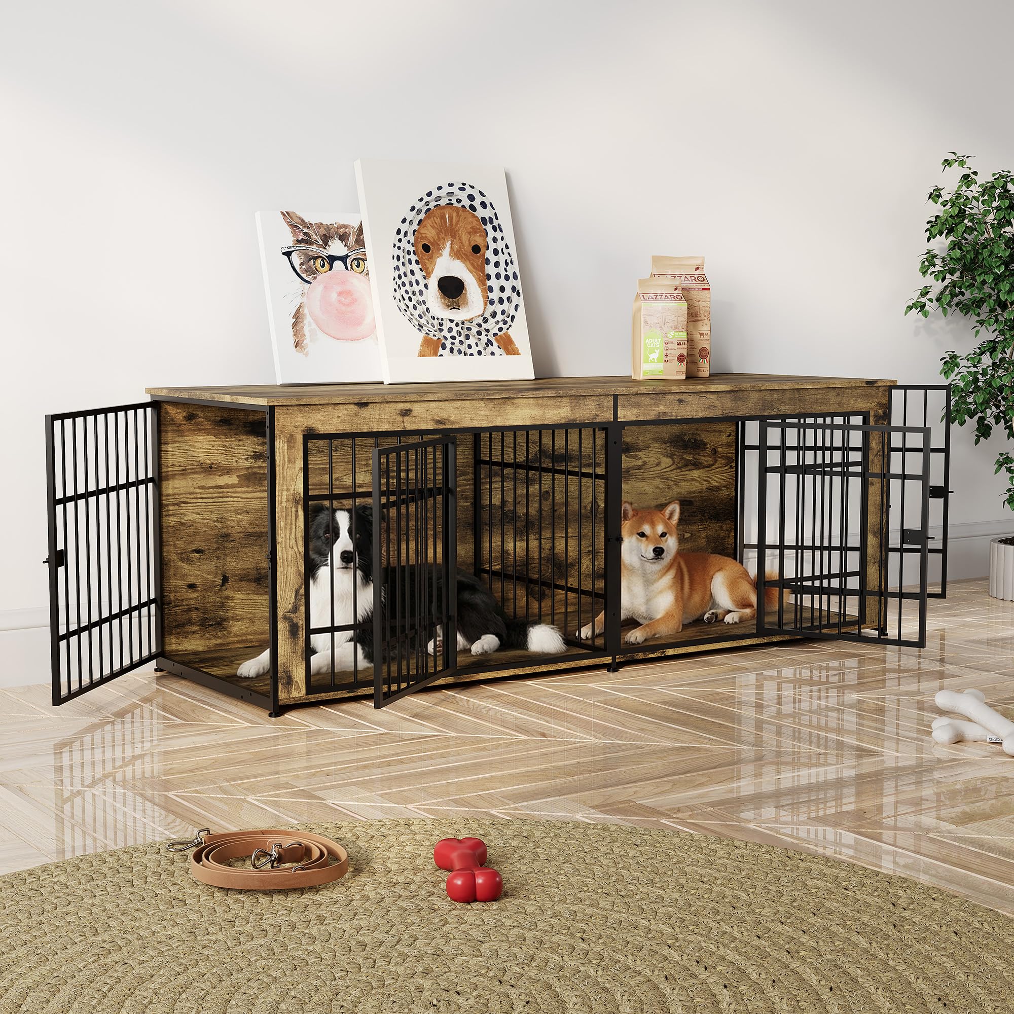 Garvee Heavy Duty Wooden Dog House Furniture – Large Kennel with Divider, 4 Doors, Storage, End Table Design, Adjustable Feet, Vintage Brown, 6.6ft