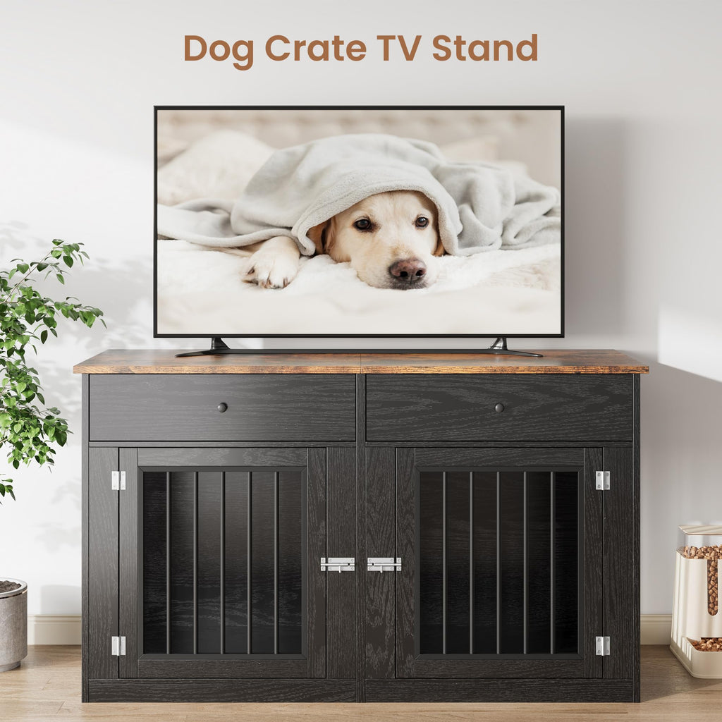 Garvee 60" Dog Crate Furniture for 2 Dogs, Heavy Duty Dog Kennel Furniture TV Stand with 2 Drawers, Dog Crates for Small Medium Dogs, Dog Cage End Table for Indoor Use, Black