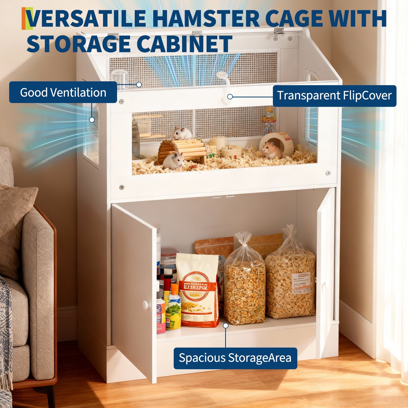 Garvee Hamster Cage, Small Animal Cages with Storage Cabinet, Clear Visual Acrylic Panels and Ventilated Design, Guinea Pig Cage for Small Animals, Gerbils, Rats, Hedgehogs