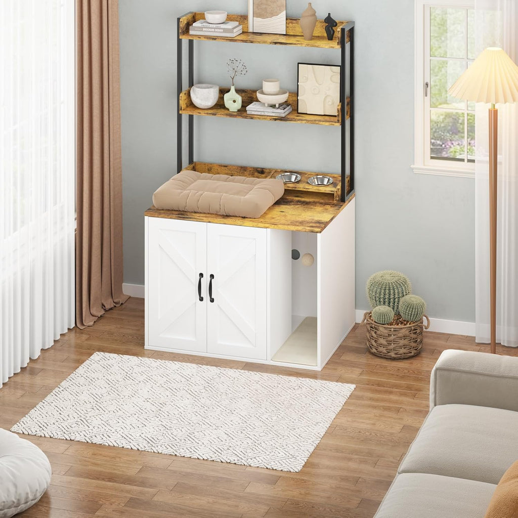 Garvee 55" H Cat Litter Box Enclosure Hidden Litter Box Furniture, Wooden Cat House with 2 Storage Shelves and Charging Sockets, Large Indoor Cabinet for Living Room Entryway, White