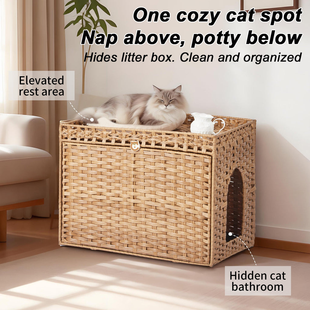 Garvee Handwoven Rattan Cat Litter Box Cabinet – Large Hidden Enclosure with Removable Mat and Fence – Stylish Boho Furniture, Easy to Clean, Covered Litterbox for Indoor Cats – Natural Color