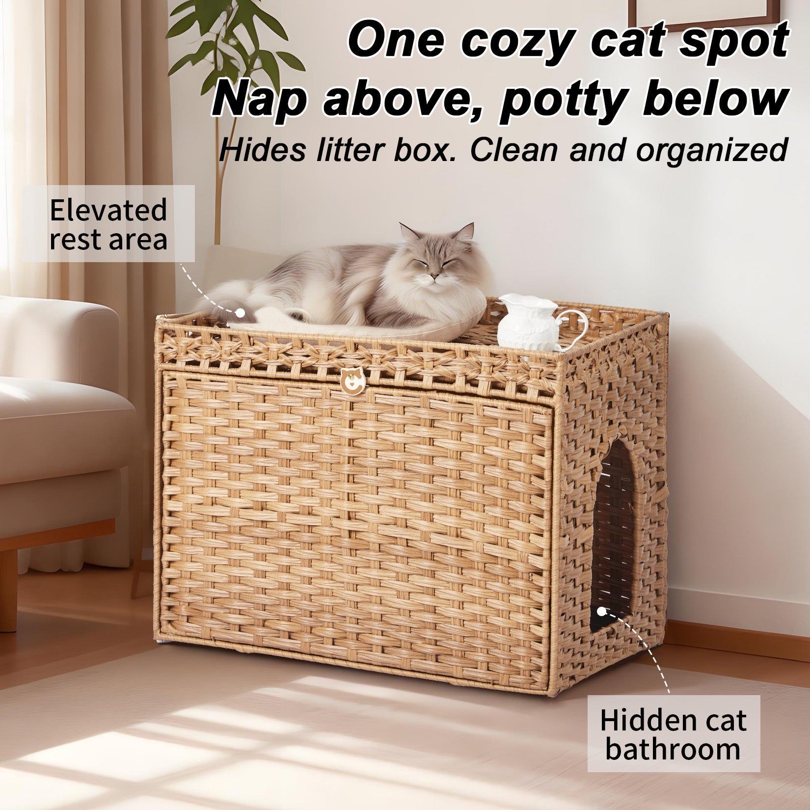 Garvee Handwoven Rattan Cat Litter Box Cabinet – Large Hidden Enclosure with Removable Mat and Fence – Stylish Boho Furniture, Easy to Clean, Covered Litterbox for Indoor Cats – Natural Color