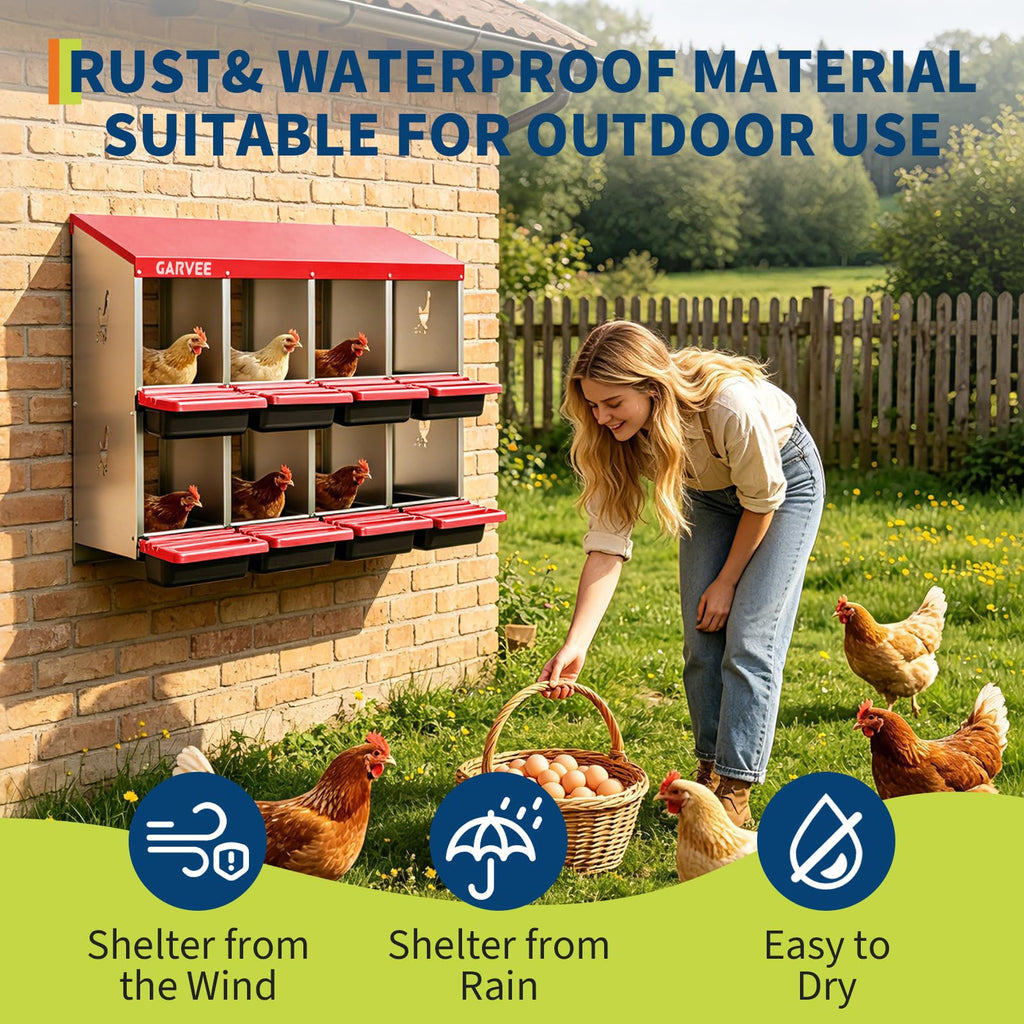 Garvee 8-Compartment Metal Chicken Nesting Box, Roll Away Poultry Laying Box with Sloped Anti-Perch Roof, 41.7"x12.8"x30.9", Red
