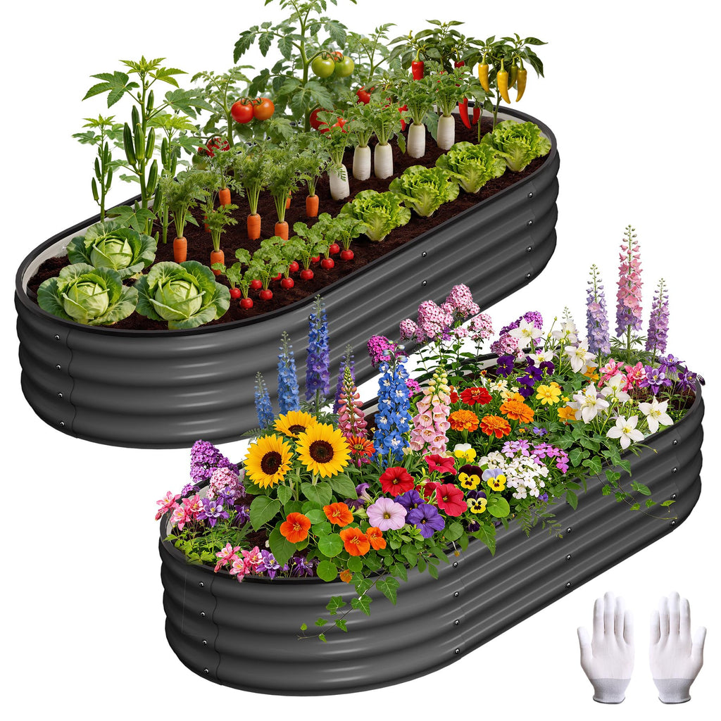 Garvee Raised Garden Beds, 2 Pack 4 x 2 x 1 ft Oval Galvanized Metal Planter Boxes with 0.5 mm Steel, Open Bottom & Rubber Edging for Vegetables, Herbs & Flowers, Dark Gray